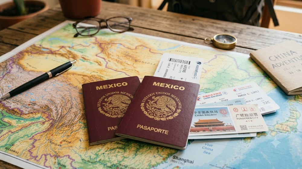 pasaportes mexicanos, sobre un mapa de China